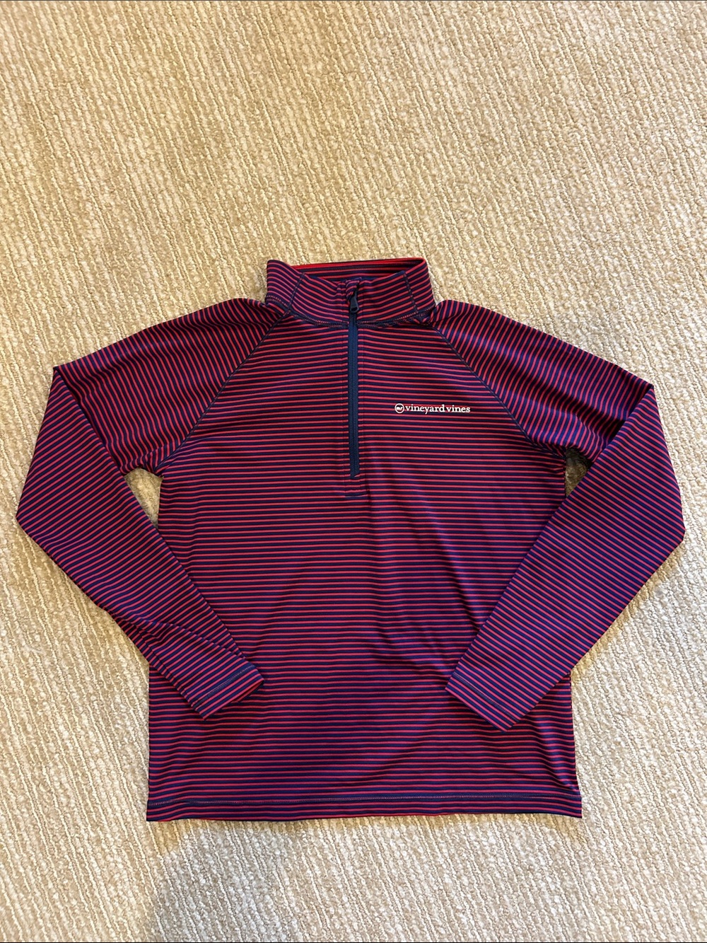 Vineyard Vines Kids' Burgundy and Navy Striped Long-Sleeve Quarter-Zip, Size M